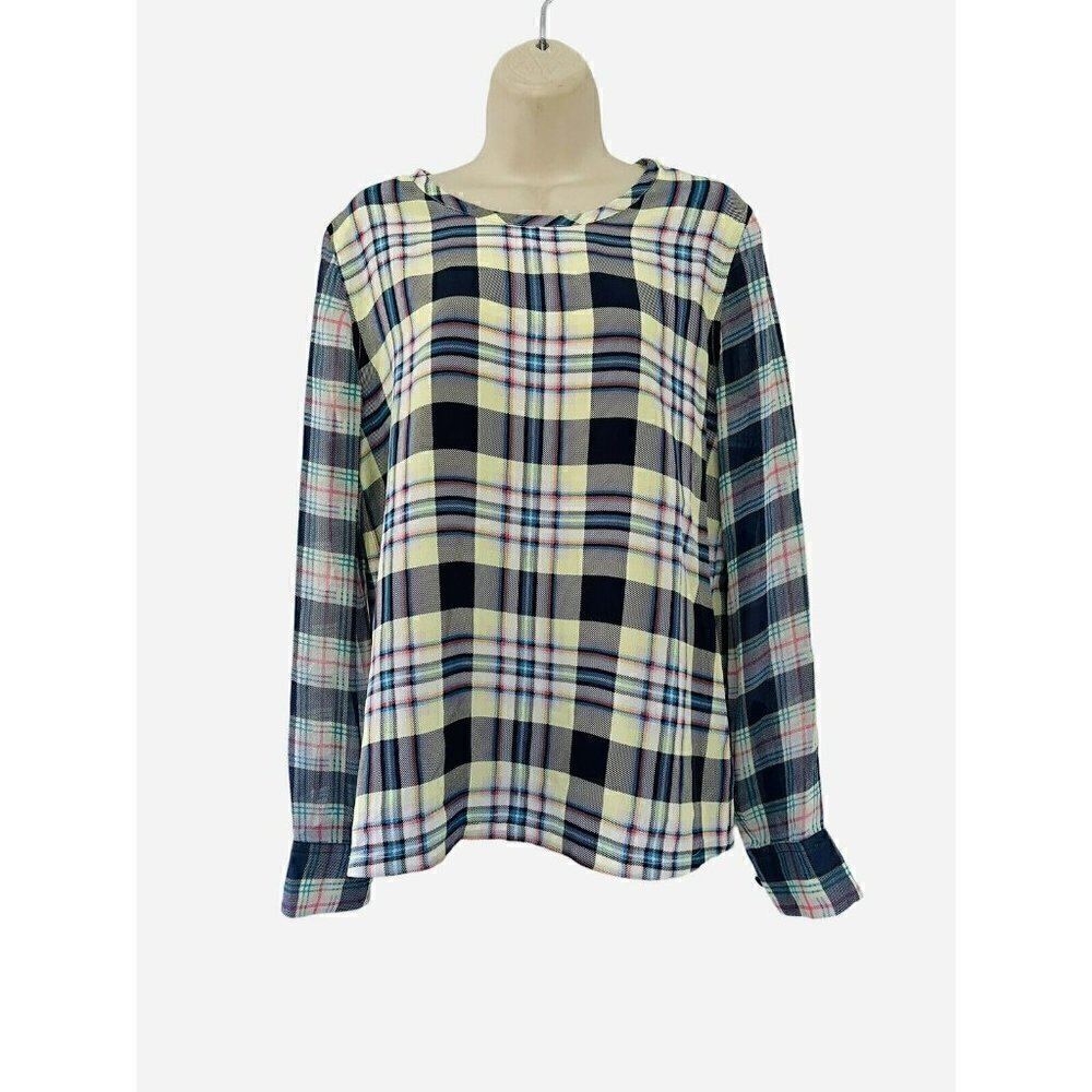 Equipment Femme Women's Sz S Yellow Blue Madras Plaid Popover Silk Blouse Top
